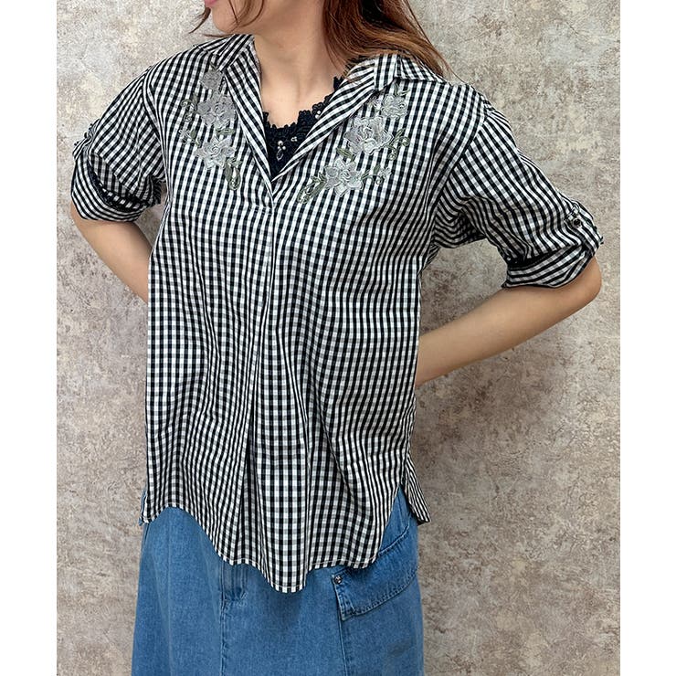 花刺繍入スキッパーシャツ[品番：IGAW0004899]｜axes femme