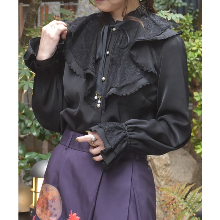 黒 | レース重ねラッフルフリルブラウス | axes femme