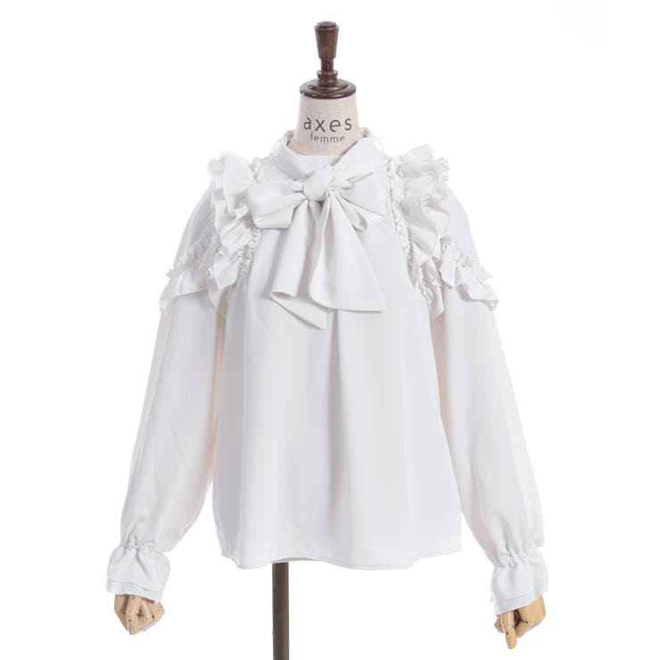 00s 希少 axes femme ビッグリボン モノトーンフリルカットソー リボン付フリルビッグ襟ブラウス | outlet | axes femme online shop