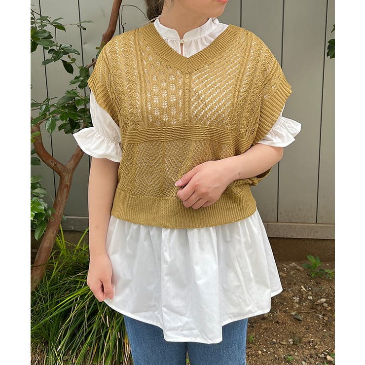 透かし編みベスト×ブラウスセット[品番：IGAW0003851]｜axes