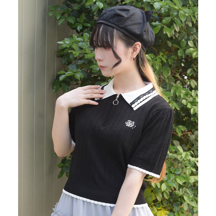 刺繍入りジップニットポロ | axes femme | 詳細画像7 