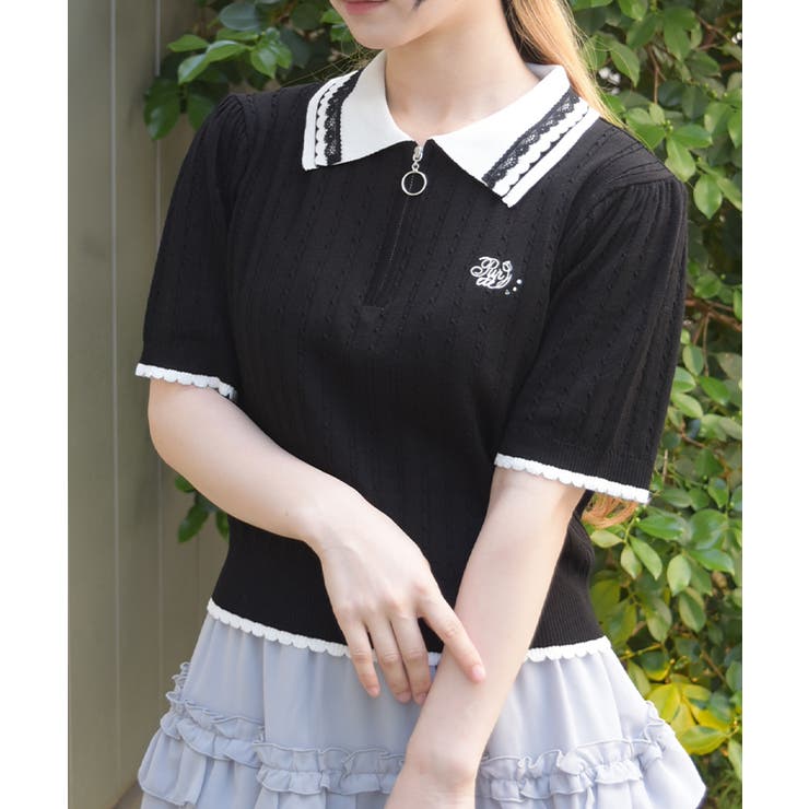 黒 | 刺繍入りジップニットポロ | axes femme