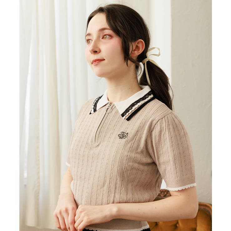 グレージュ | 刺繍入りジップニットポロ | axes femme