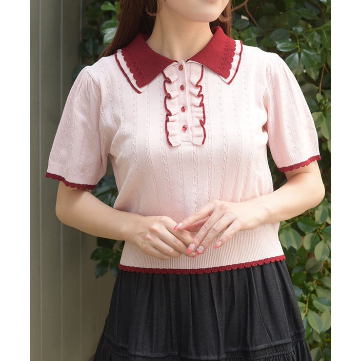 ピンク | バイカラーフリルニットポロ | axes femme