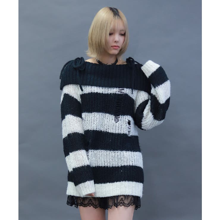 ボーダーオフショルニットプルオーバー | axes femme | 詳細画像1 