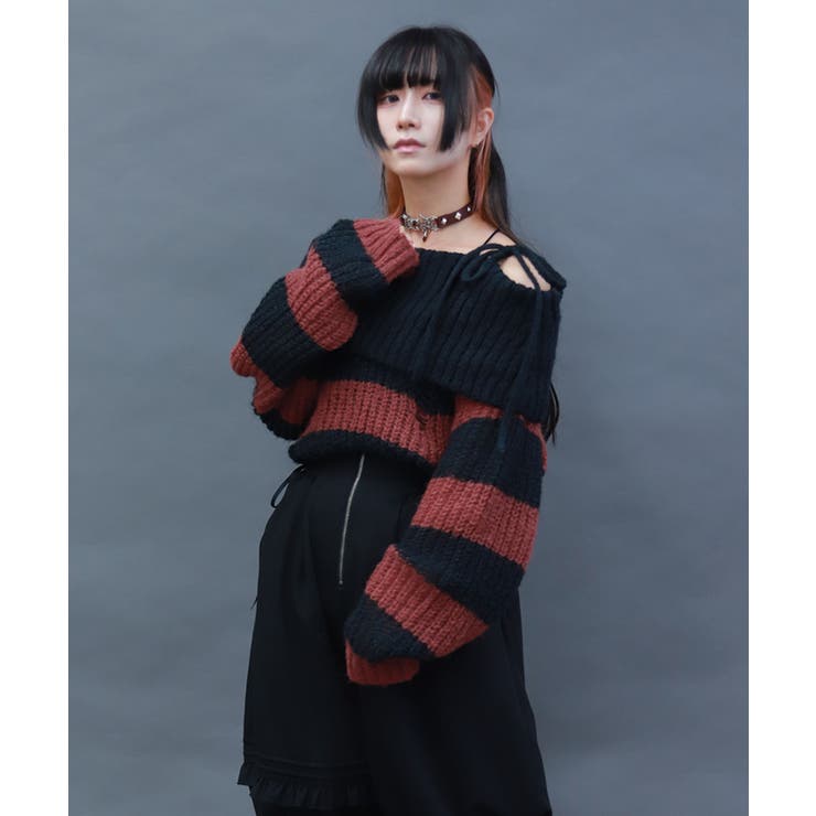 ワイン | ボーダーオフショルニットプルオーバー | axes femme