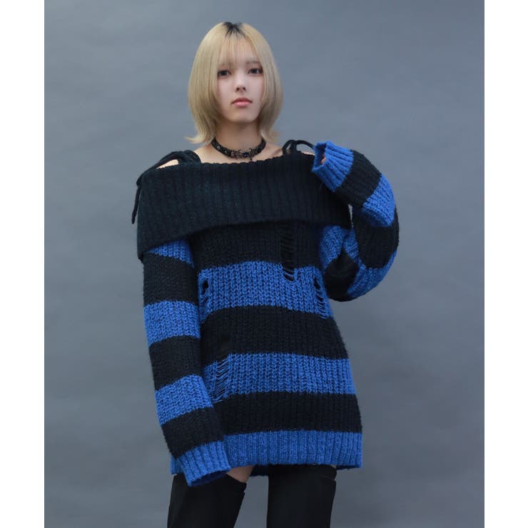 ブルー | ボーダーオフショルニットプルオーバー | axes femme