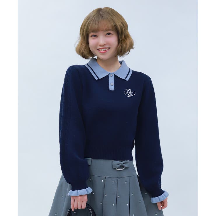 紺 | ＰＱ刺繍バイカラーポロニット | axes femme