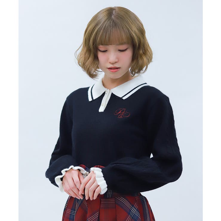 黒 | ＰＱ刺繍バイカラーポロニット | axes femme