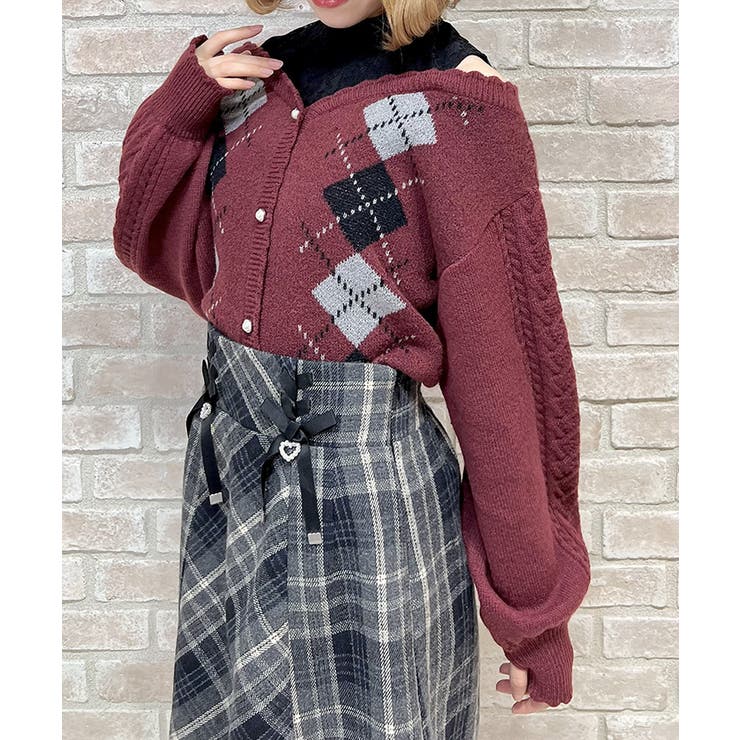 ワイン | レイヤード風アーガイルニット | axes femme