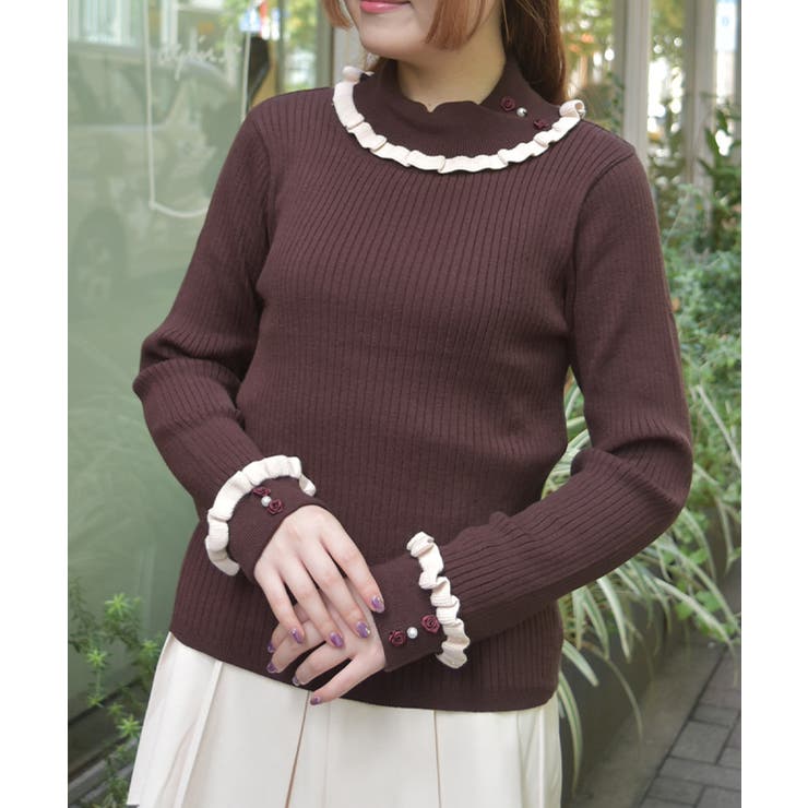 Ｄブラウン | バイカラーフリルローズニット | axes femme