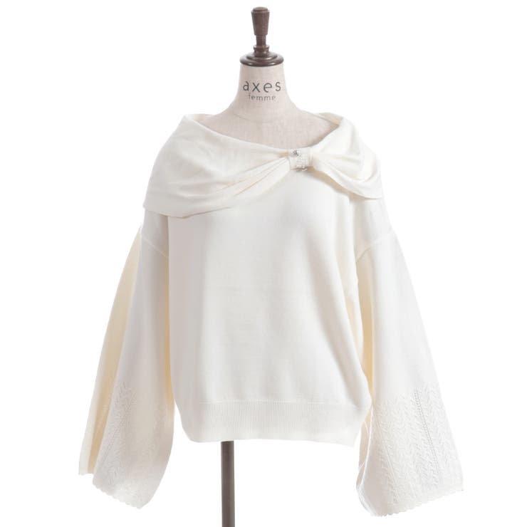 白 | ドレープリボンフレア袖ニット | axes femme