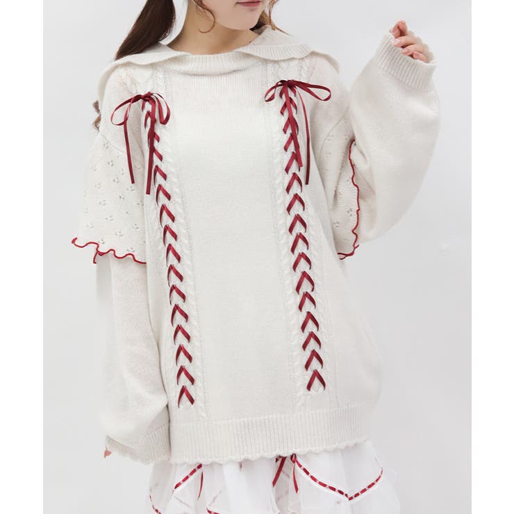 白 | フーディフリルロングニット | axes femme