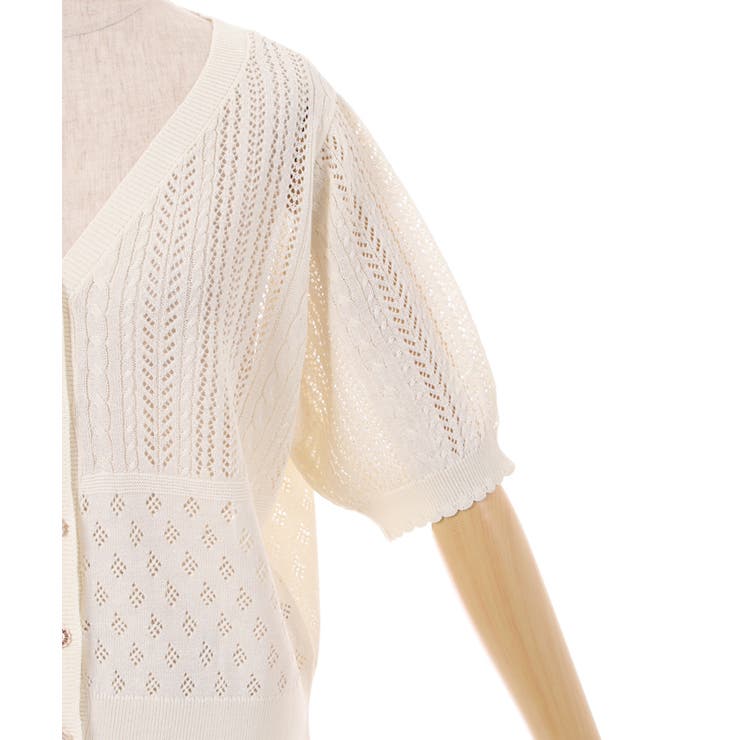 透かし柄切替半袖ニットカーデ[品番：IGAW0003948]｜axes femme