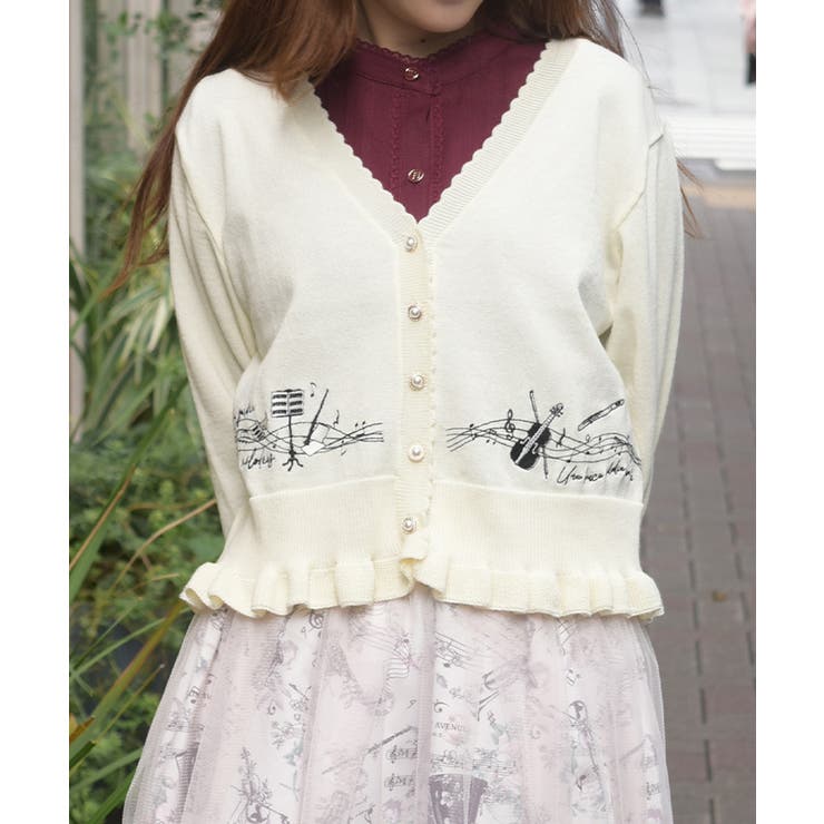 生成り | 音楽刺繍ショートニットカーディガン | axes femme