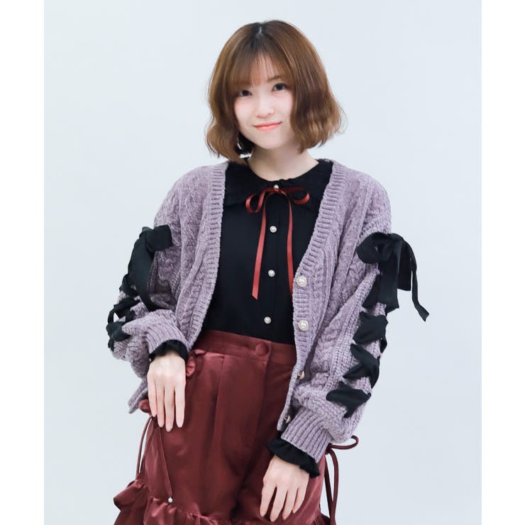 パープル | レースアップモールニットカーディガン | axes femme