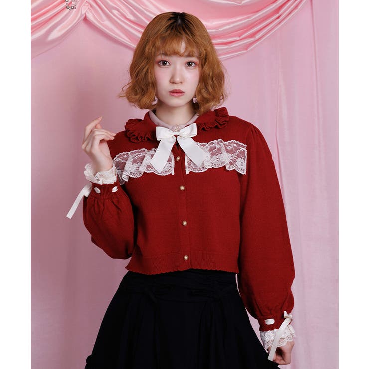 赤 | 袖口レース衿付きニットカーディガン | axes femme