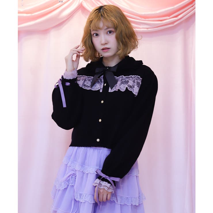 黒 | 袖口レース衿付きニットカーディガン | axes femme