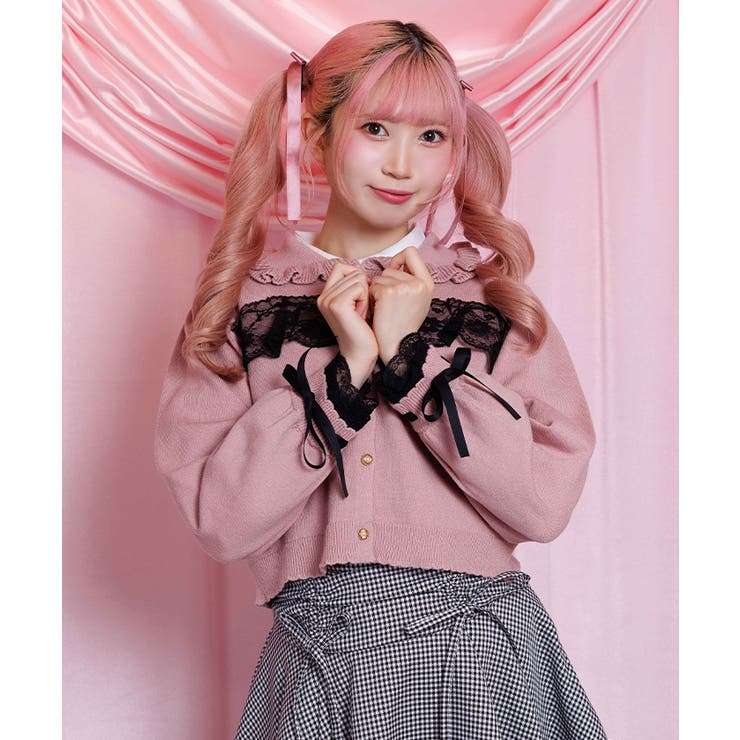 ピンク | 袖口レース衿付きニットカーディガン | axes femme