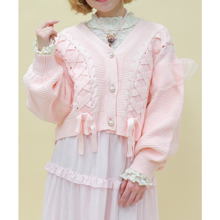 ピンク | 編み上げ×チュールフリルカーディガン | axes femme