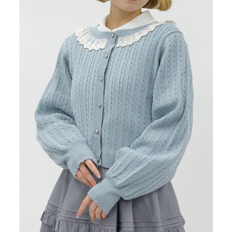 サックス | ケーブル柄バックリボンカーディガン | axes femme
