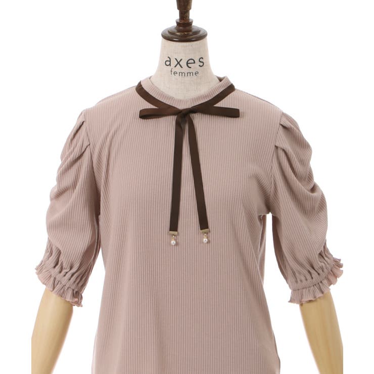 axes femme ビックりリボンフリル付きベージュ長袖トップス リボン付フリル長袖ブラウス | outlet | axes femme online shop