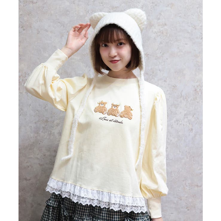 イエロー | くまボア刺繍裾レースＴシャツ | axes femme