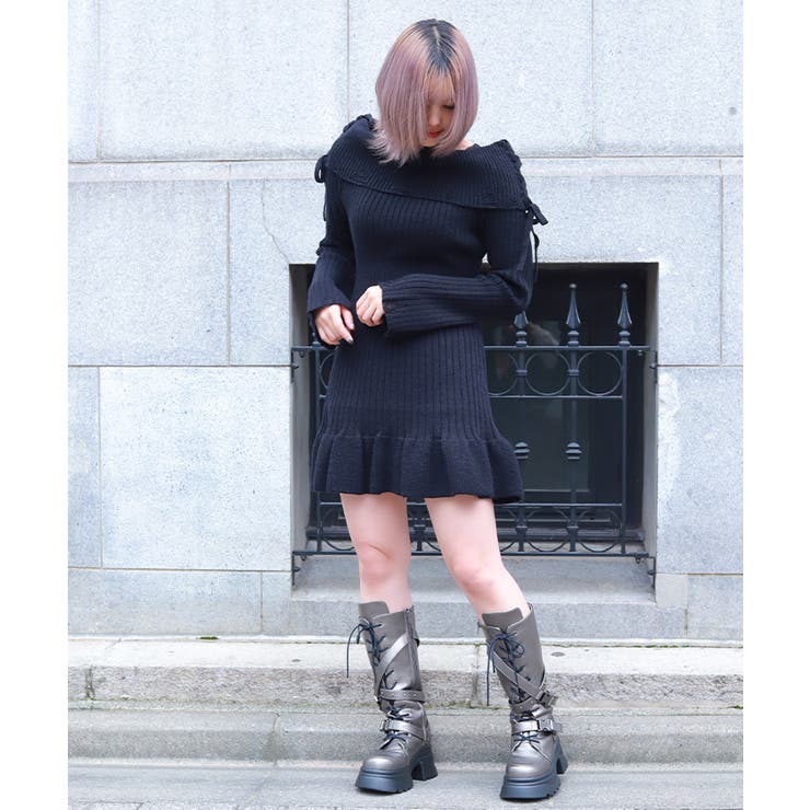 黒 | オフショルフリルニットチュニ | axes femme