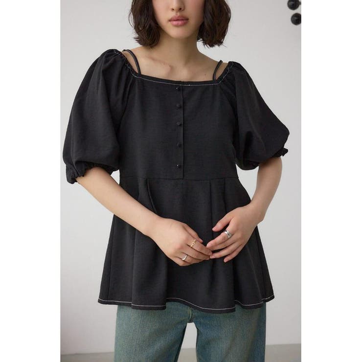 BLK | 2WAYパフスリーブ配色ペプラムブラウス | AZUL BY MOUSSY