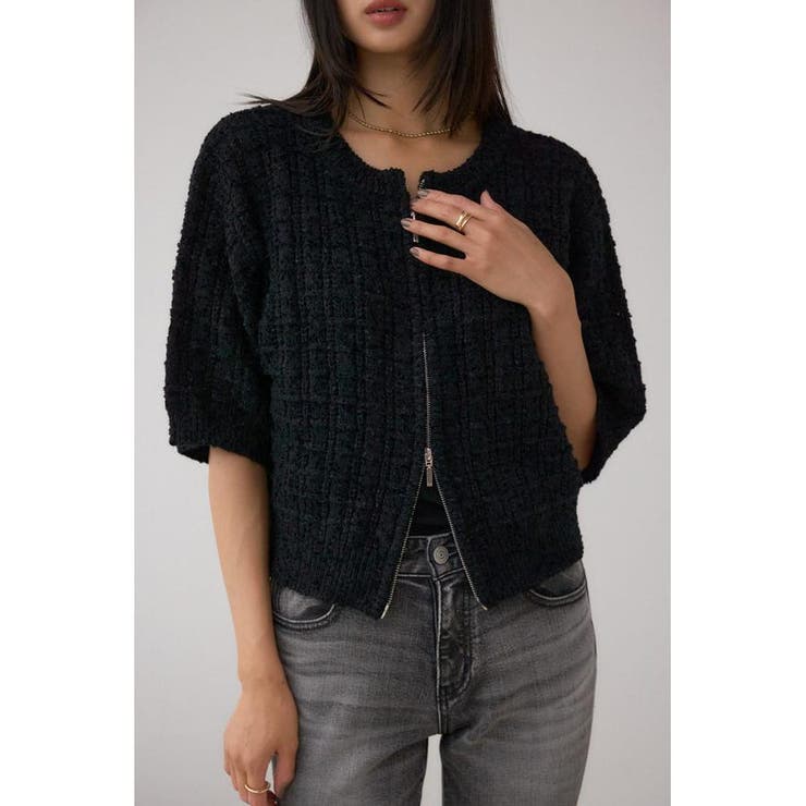 BLK | Wジップ5分袖ツイードニット | AZUL BY MOUSSY
