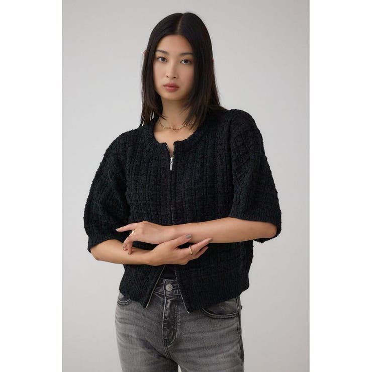 Wジップ5分袖ツイードニット | AZUL BY MOUSSY | 詳細画像3 