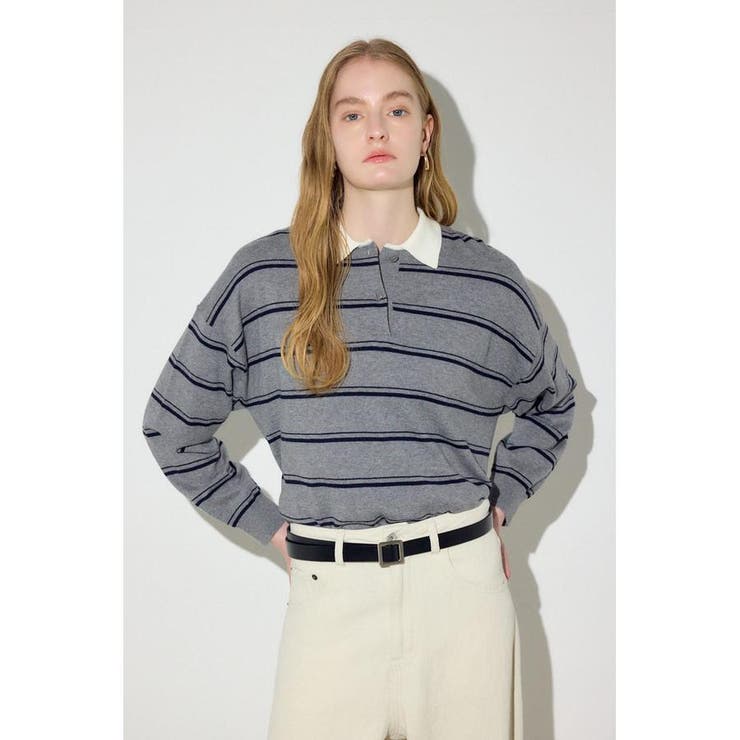 柄GRY5 | カシミヤミックスポロカラーボーダーニット | AZUL BY MOUSSY