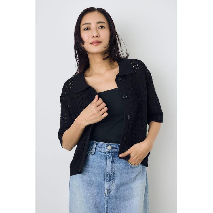 BLK | クロシェニットポロカラーカーディガン | AZUL BY MOUSSY