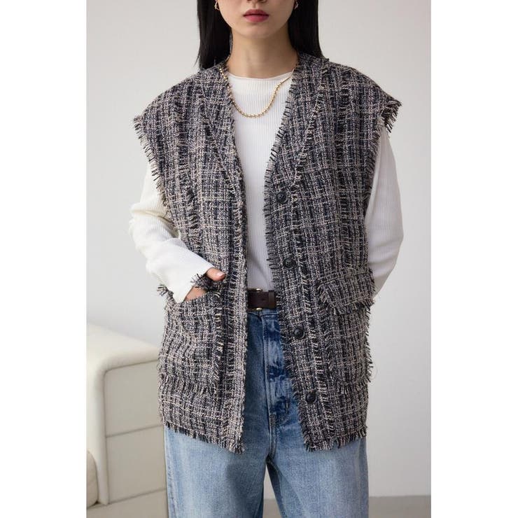 柄BLK5 | ツイードフリンジベスト | AZUL BY MOUSSY