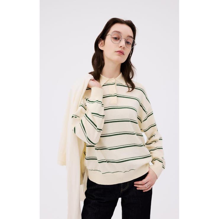 カシミヤミックスポロカラーボーダーニット | AZUL BY MOUSSY | 詳細画像2 