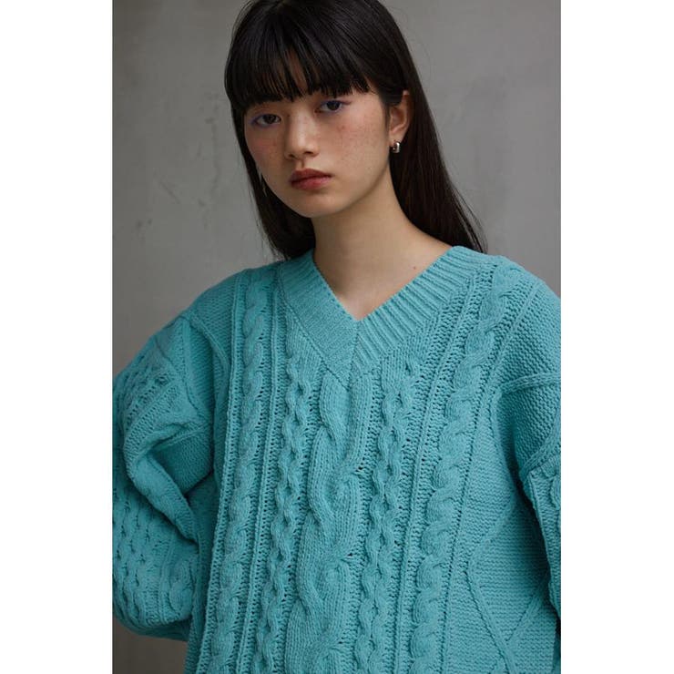 【売れました】Azulbymoussy(アズールバイマウジー)ざっくりニット シェニールケーブルVネックニットトップス[品番：AZLW0021337
