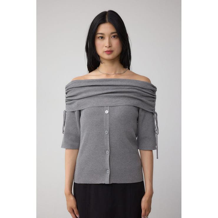 5分袖ギャザーオフショルニットトップス[品番：AZLW0023653
