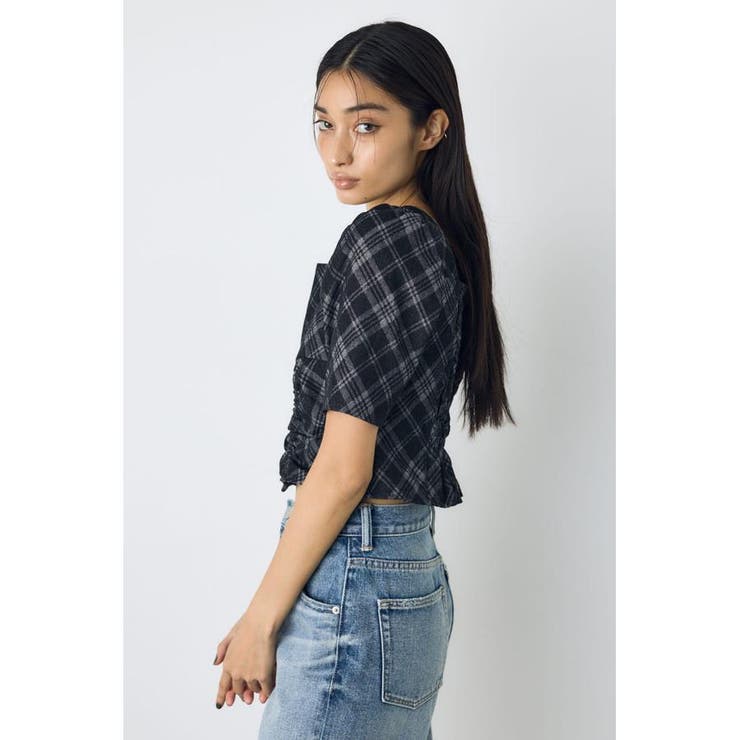 フロントギャザーデニムチェックブラウス | AZUL BY MOUSSY | 詳細画像3 
