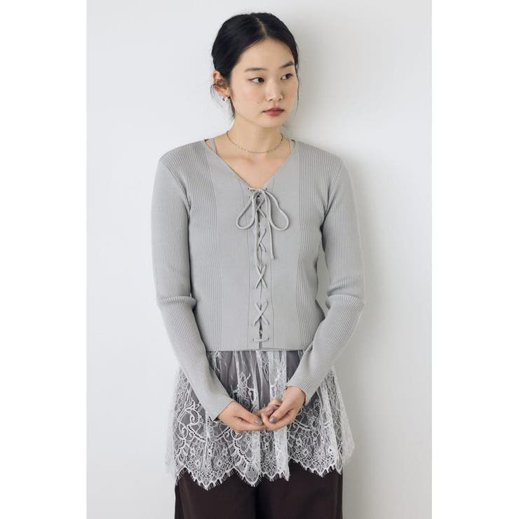 L/GRY1 | フェイクレイヤードレースアップニット | AZUL BY MOUSSY