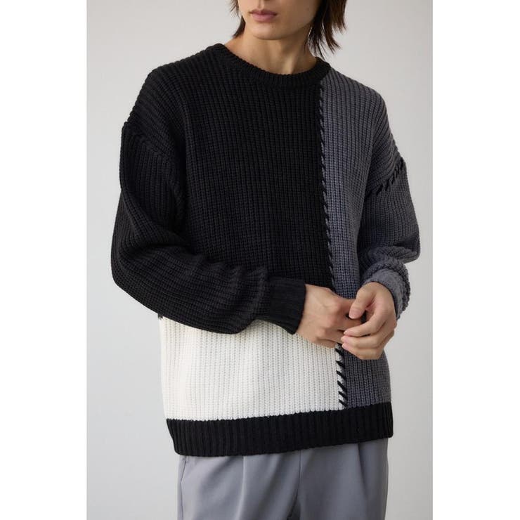 柄BLK5 | スウィッチングブランケットステッチニット | AZUL BY MOUSSY