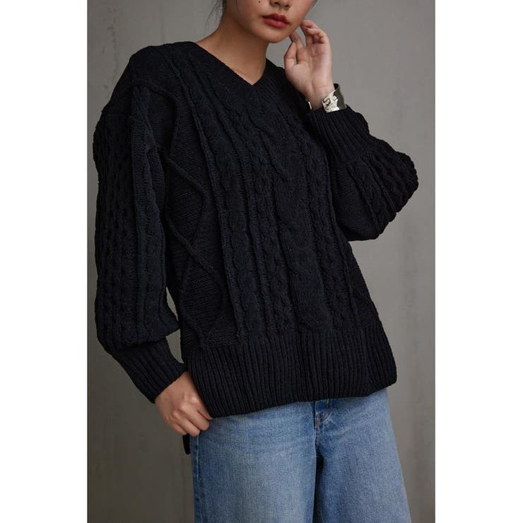 BLK | シェニールケーブルVネックニットトップス | AZUL BY MOUSSY
