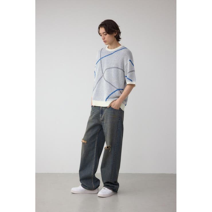 AZUL BY MOUSSY | ライン柄クルーネック半袖ニット (ニット