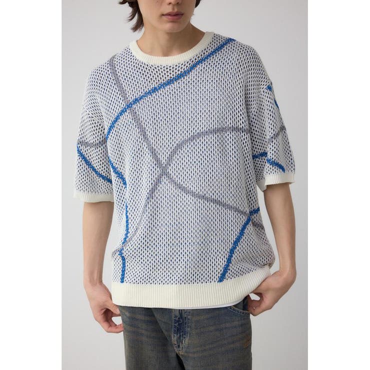 柄WHT5 | ライン柄クルーネック半袖ニット | AZUL BY MOUSSY