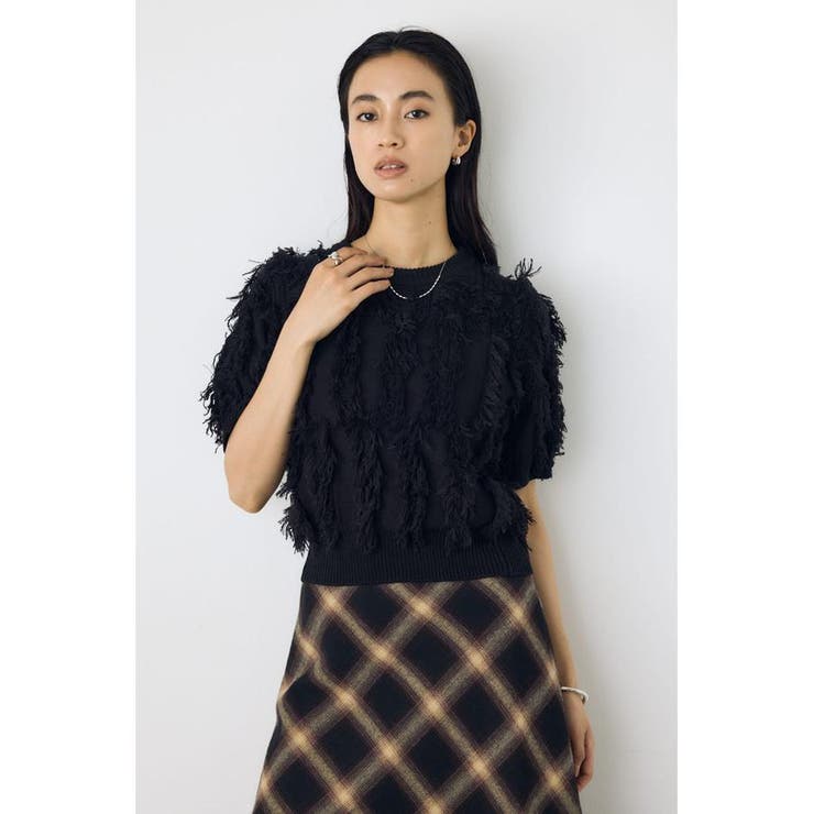 BLK | フリンジデザイン5分袖ニットトップス | AZUL BY MOUSSY