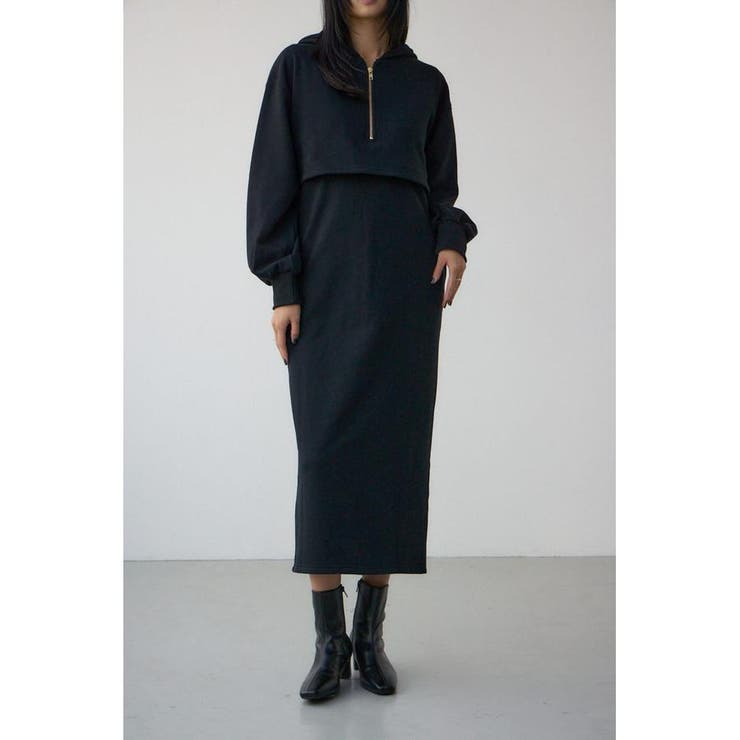BLK | レイヤード風裏起毛フーディーワンピース | AZUL BY MOUSSY