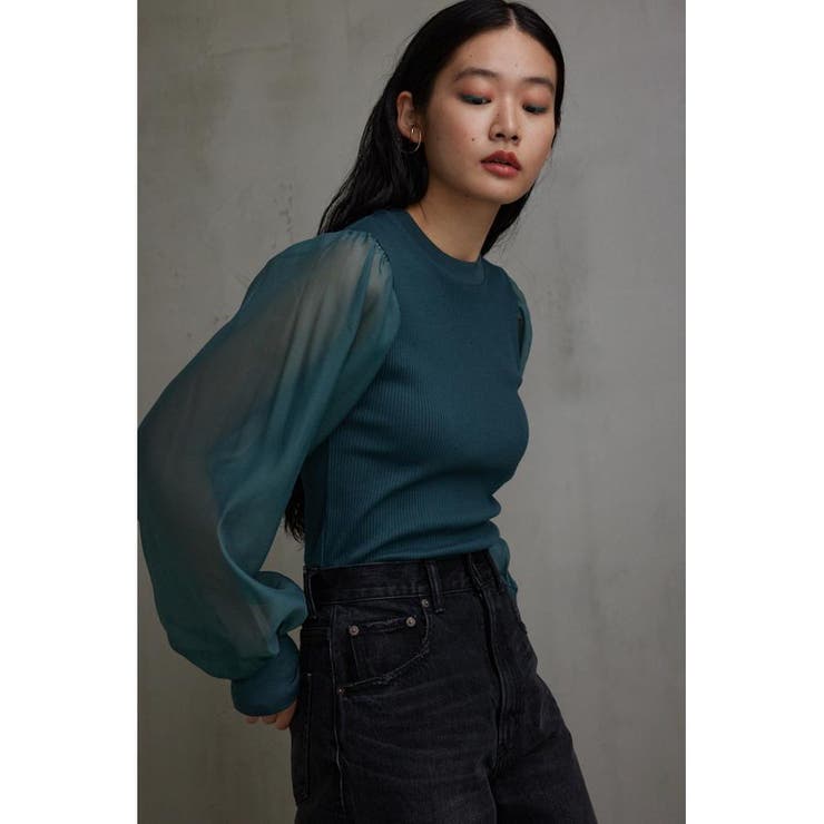 D/GRN3 | 袖シアー袖リブトップス | AZUL BY MOUSSY