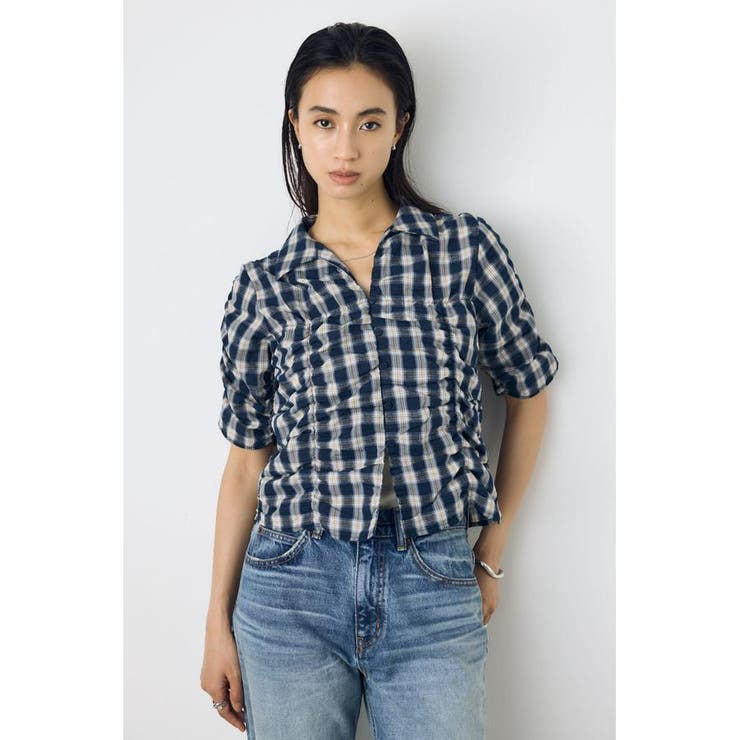柄NVY5 | チェックシャーリング半袖シャツ | AZUL BY MOUSSY