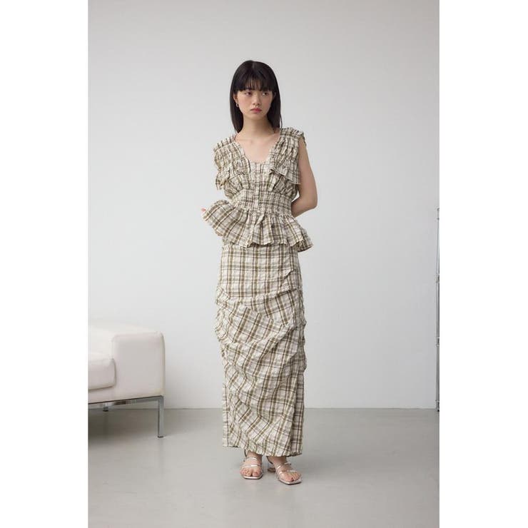 チェックシャーリングペプラムブラウス[品番：AZLW0023358]｜AZUL BY 