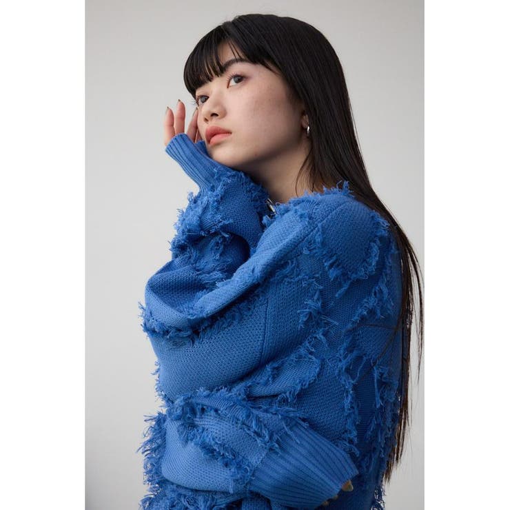 ブラミンク　カシミヤ　ニット　フリンジ　ブルー　48サイズ ウールカシミヤ5Gクルーネックロングスリーブニット セーター