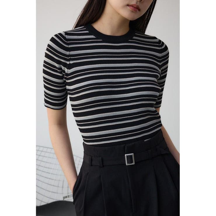 柄BLK5 | ハーフスリーブクルーネックリブトップス | AZUL BY MOUSSY